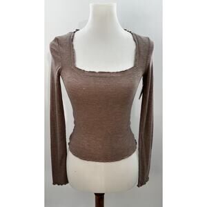 Elodie Ribbed Knit Square Neck Top Womens Size S Brown Long Sleeve NWT